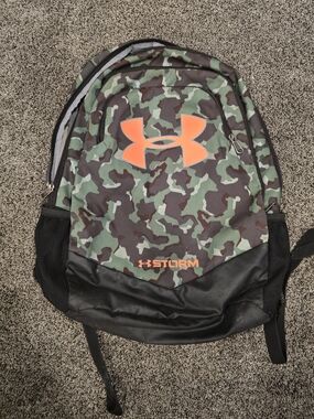 Under Armour Green Camo Backpack with Orange Logo